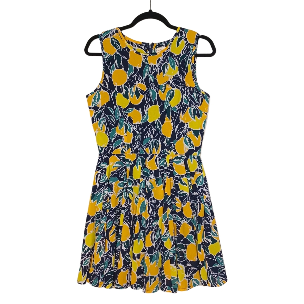 MAISON JULES Lemon Fruit Yellow Print Navy Blue Sleeveless Fit & Flare Dress M